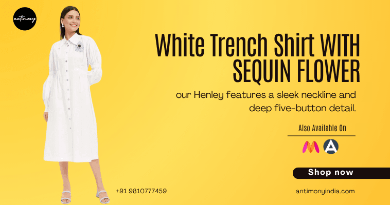 White Trench Shirt with Sequin Flower by AntimonyIndia 